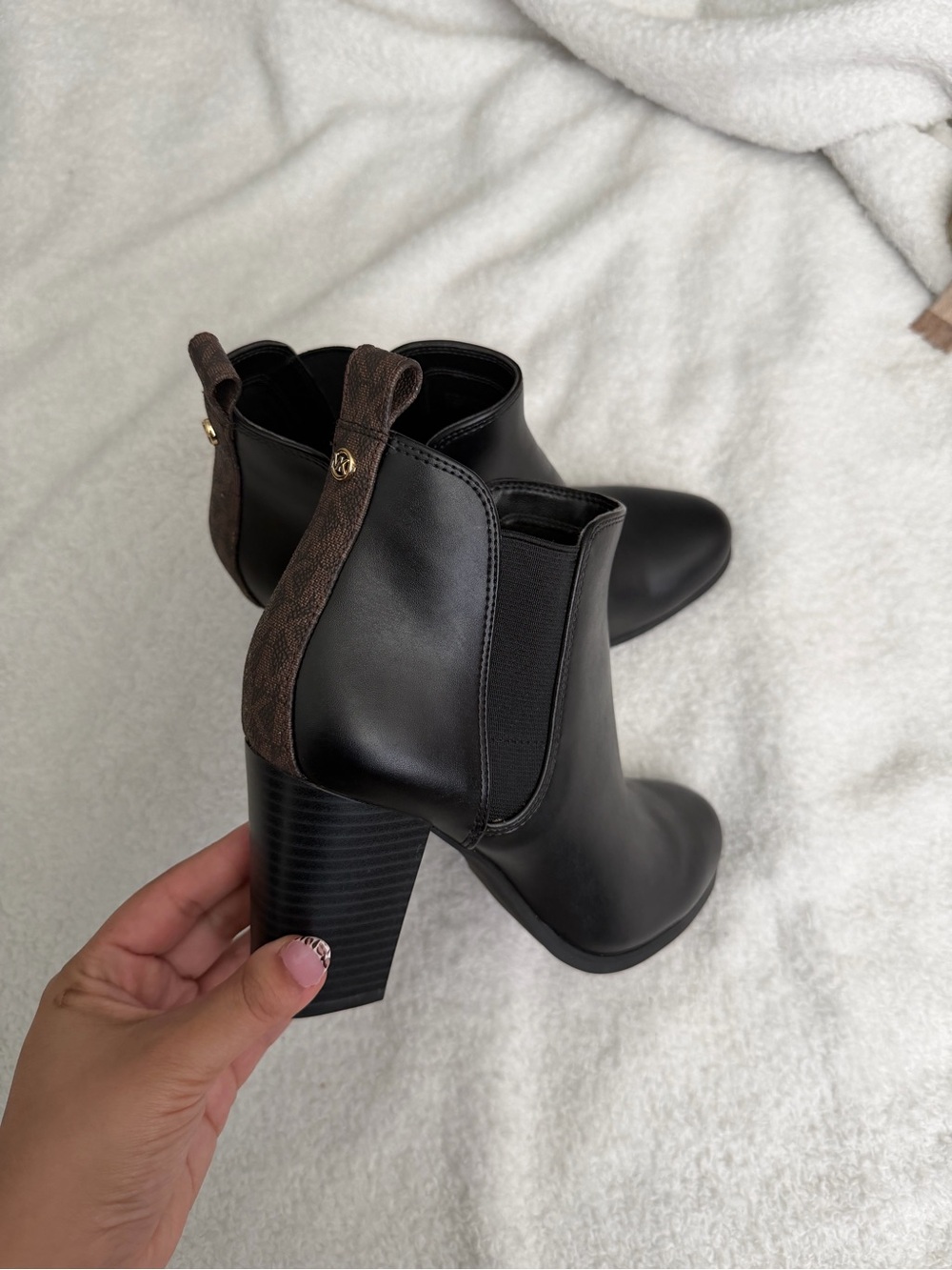 Michael Kors Black Leather Ankle Booties with Brown Logo Pull-Tab